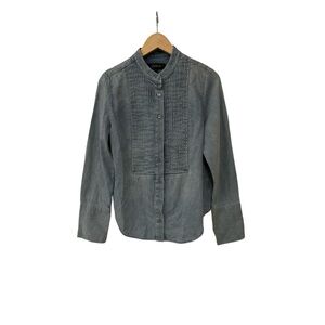 Quince Distressed Denim Peasant Pintuck Blouse Button Down Shirt Top Blue S